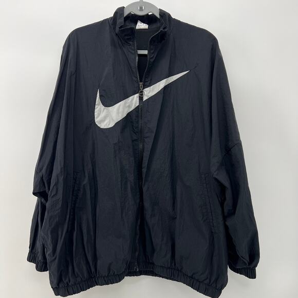 Nike Swoosh Women's Black Windbreaker Oversized Baggy Zipper Jacket XL 1X 2XL - Picture 2 of 9